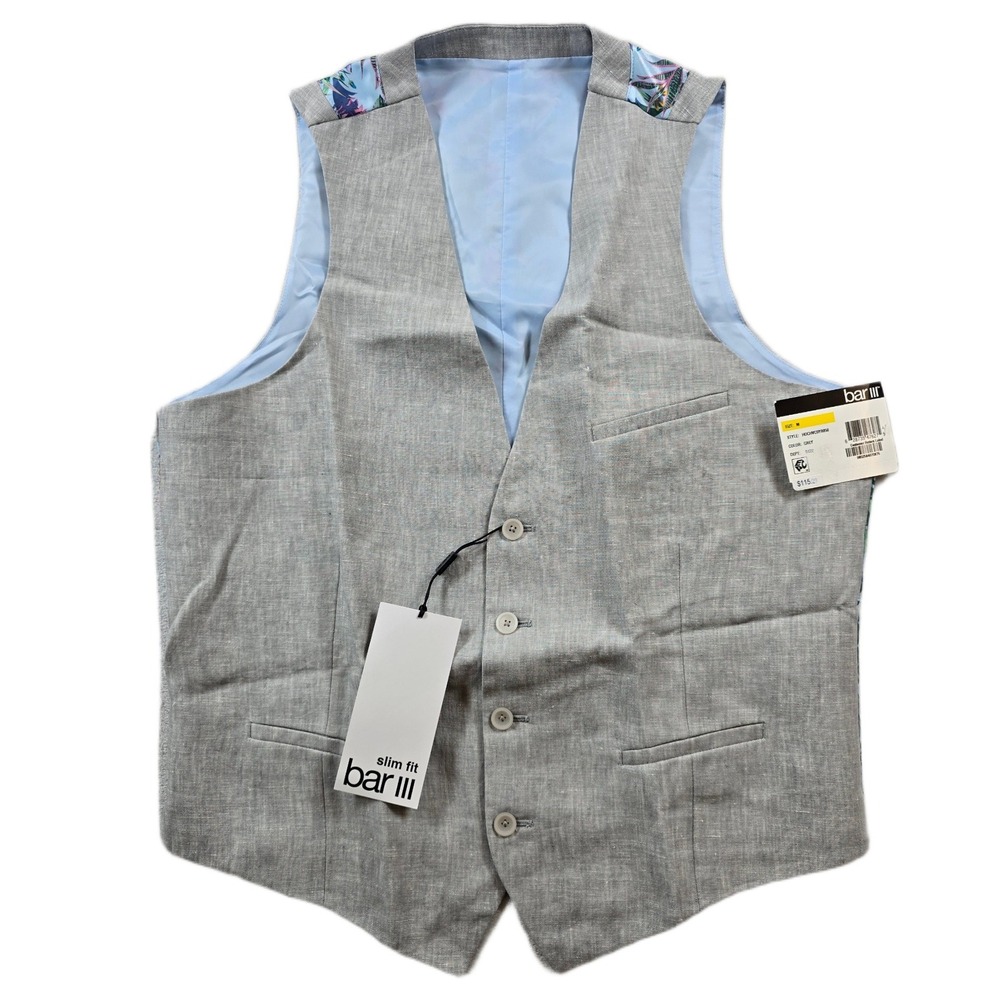 Bar III Slim-Fit Linen Suit Vest‎ Mens Medium Grey Textured $115 NEW